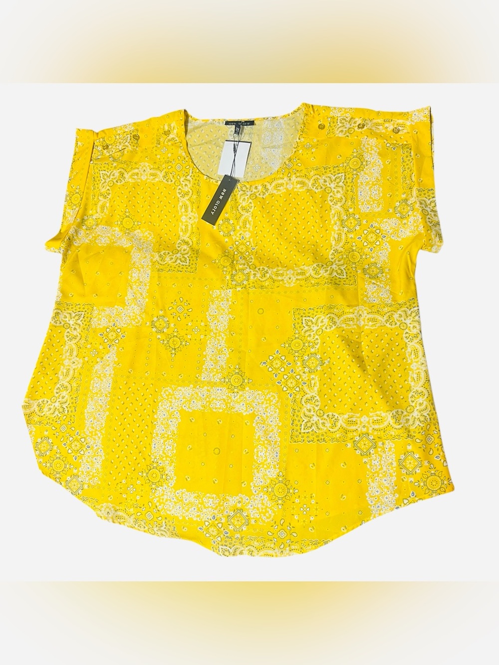 New Glory Womens Plus Size 2X Yellow Bandana Paisley Print Short Sleeve Top NWT